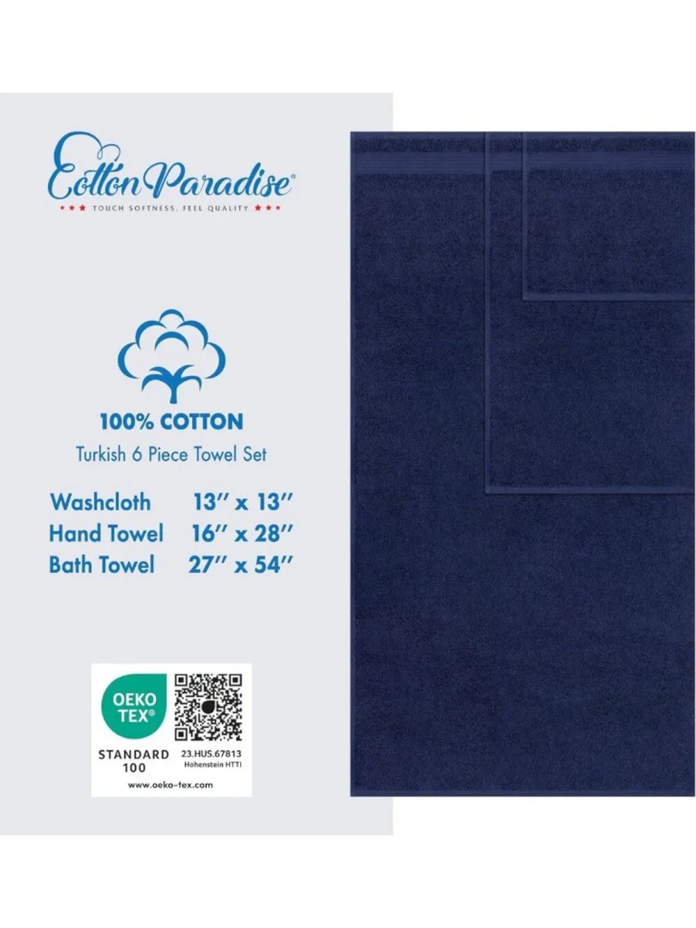 Soft Absorbent 100% Cotton Turkish Towel Set - Quick Dry, 6 Piece, Navy Blue